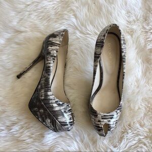 Sergio Rossi Cachet Peeptoe Snake Print Gray Pump